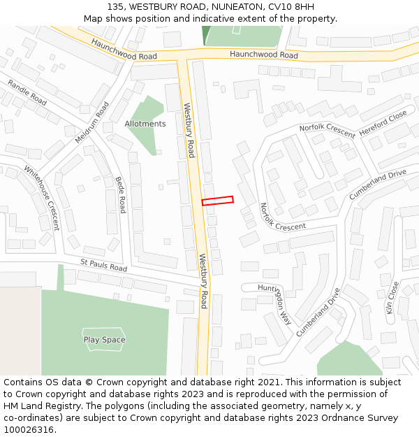 135, WESTBURY ROAD, NUNEATON, CV10 8HH: Location map and indicative extent of plot