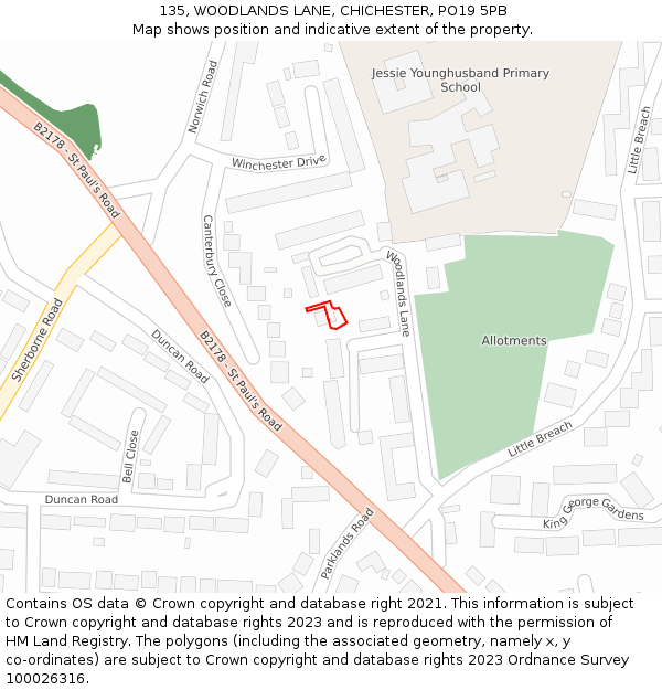 135, WOODLANDS LANE, CHICHESTER, PO19 5PB: Location map and indicative extent of plot