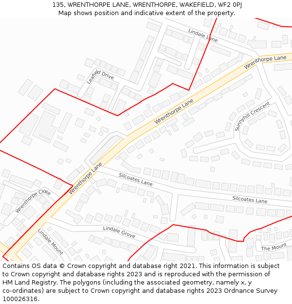 135, WRENTHORPE LANE, WRENTHORPE, WAKEFIELD, WF2 0PJ: Location map and indicative extent of plot