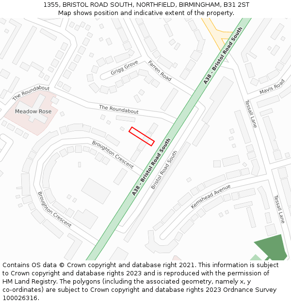 1355, BRISTOL ROAD SOUTH, NORTHFIELD, BIRMINGHAM, B31 2ST: Location map and indicative extent of plot