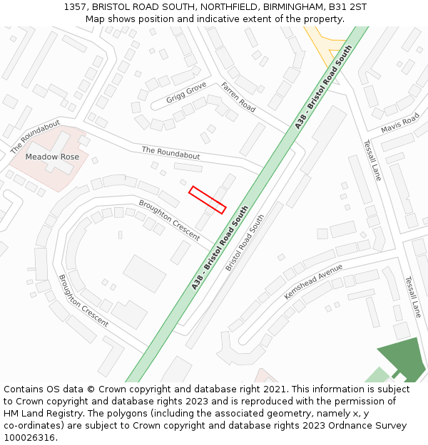 1357, BRISTOL ROAD SOUTH, NORTHFIELD, BIRMINGHAM, B31 2ST: Location map and indicative extent of plot