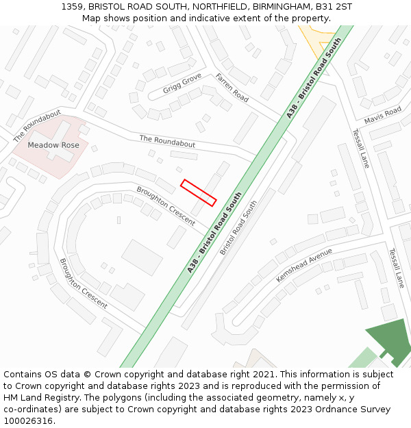 1359, BRISTOL ROAD SOUTH, NORTHFIELD, BIRMINGHAM, B31 2ST: Location map and indicative extent of plot