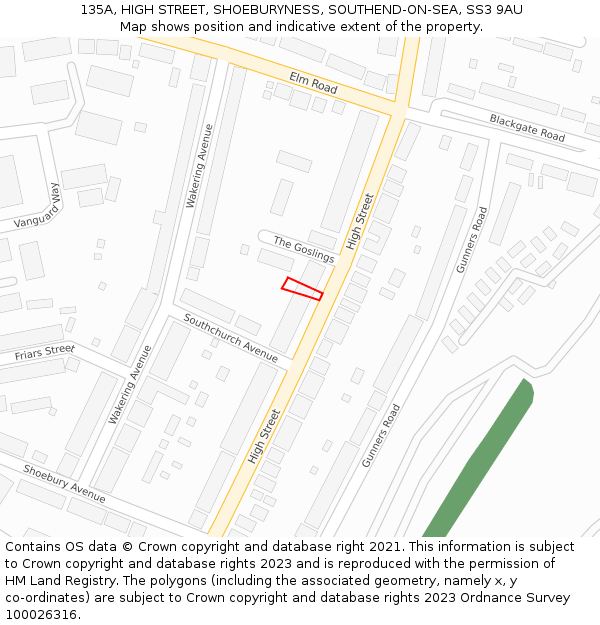 135A, HIGH STREET, SHOEBURYNESS, SOUTHEND-ON-SEA, SS3 9AU: Location map and indicative extent of plot