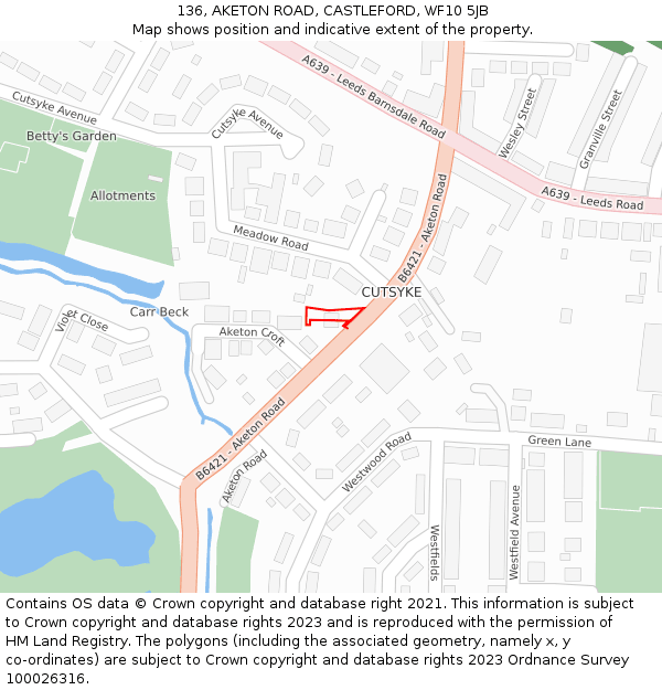 136, AKETON ROAD, CASTLEFORD, WF10 5JB: Location map and indicative extent of plot