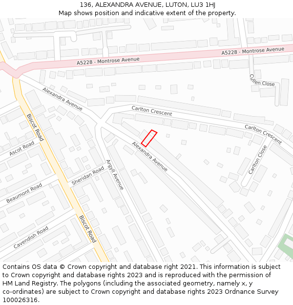 136, ALEXANDRA AVENUE, LUTON, LU3 1HJ: Location map and indicative extent of plot