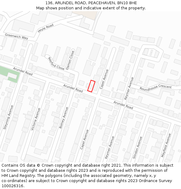 136, ARUNDEL ROAD, PEACEHAVEN, BN10 8HE: Location map and indicative extent of plot