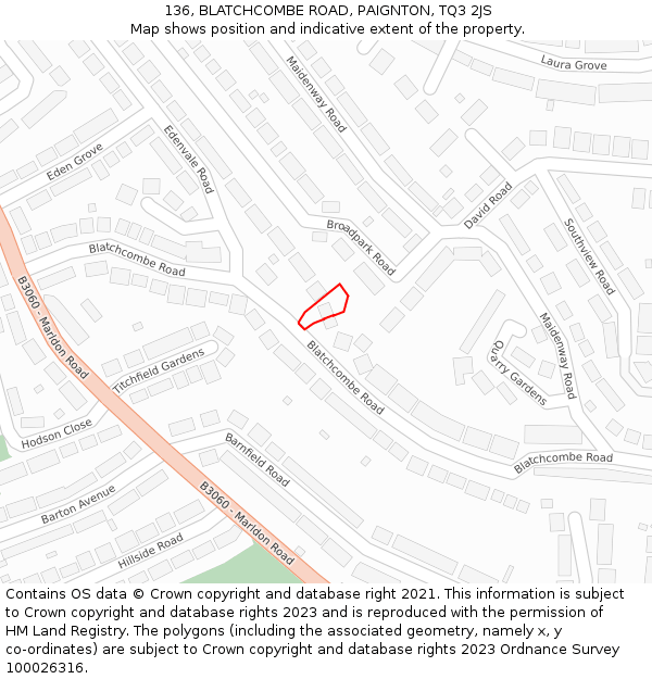 136, BLATCHCOMBE ROAD, PAIGNTON, TQ3 2JS: Location map and indicative extent of plot