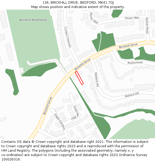 136, BRICKHILL DRIVE, BEDFORD, MK41 7QJ: Location map and indicative extent of plot