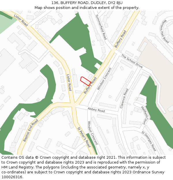 136, BUFFERY ROAD, DUDLEY, DY2 8JU: Location map and indicative extent of plot