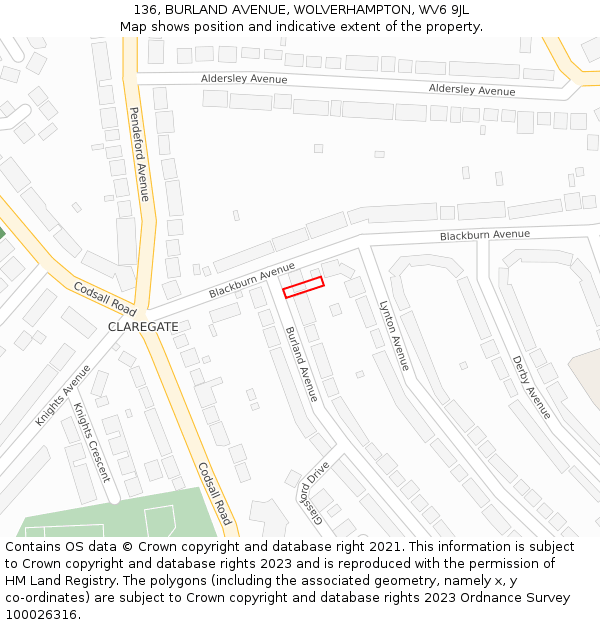 136, BURLAND AVENUE, WOLVERHAMPTON, WV6 9JL: Location map and indicative extent of plot