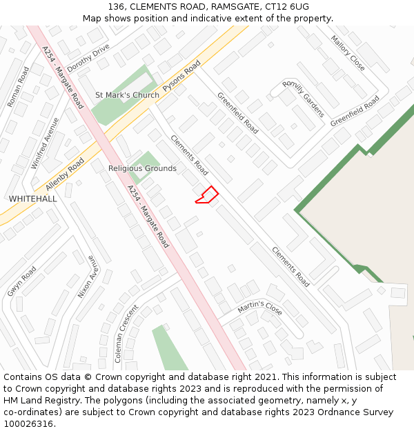 136, CLEMENTS ROAD, RAMSGATE, CT12 6UG: Location map and indicative extent of plot