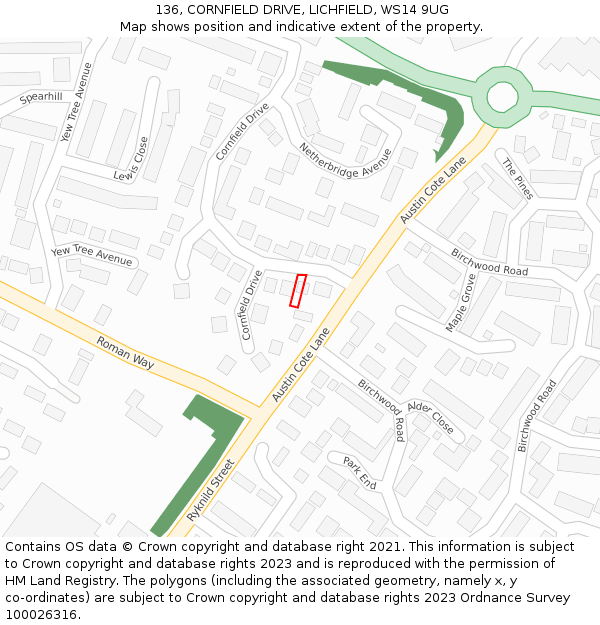 136, CORNFIELD DRIVE, LICHFIELD, WS14 9UG: Location map and indicative extent of plot