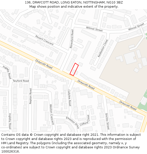 136, DRAYCOTT ROAD, LONG EATON, NOTTINGHAM, NG10 3BZ: Location map and indicative extent of plot