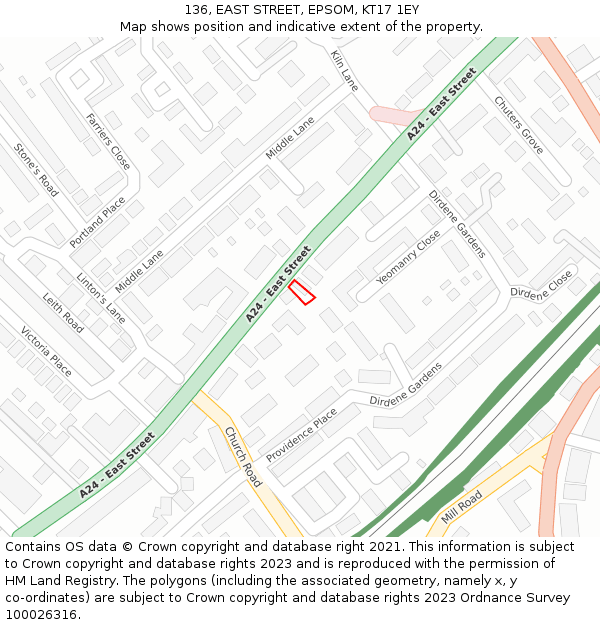 136, EAST STREET, EPSOM, KT17 1EY: Location map and indicative extent of plot