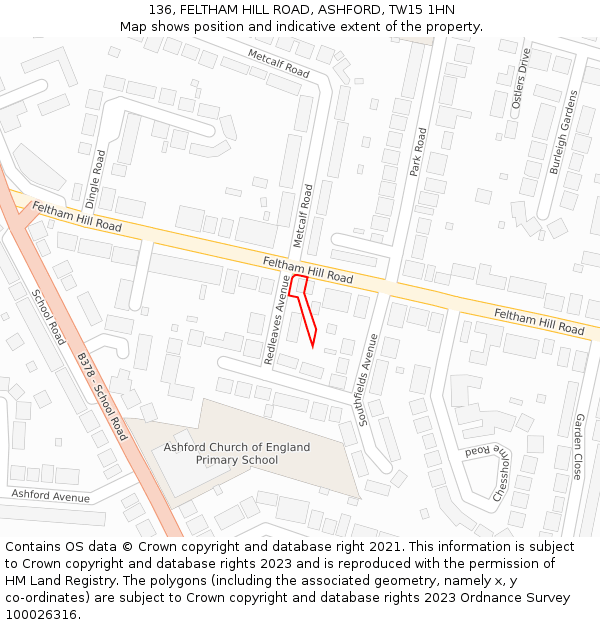 136, FELTHAM HILL ROAD, ASHFORD, TW15 1HN: Location map and indicative extent of plot