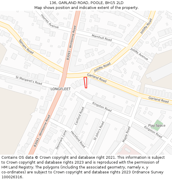 136, GARLAND ROAD, POOLE, BH15 2LD: Location map and indicative extent of plot