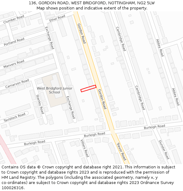 136, GORDON ROAD, WEST BRIDGFORD, NOTTINGHAM, NG2 5LW: Location map and indicative extent of plot