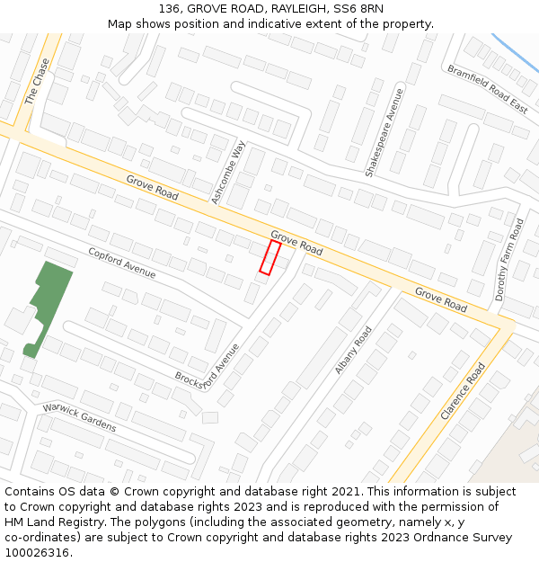 136, GROVE ROAD, RAYLEIGH, SS6 8RN: Location map and indicative extent of plot