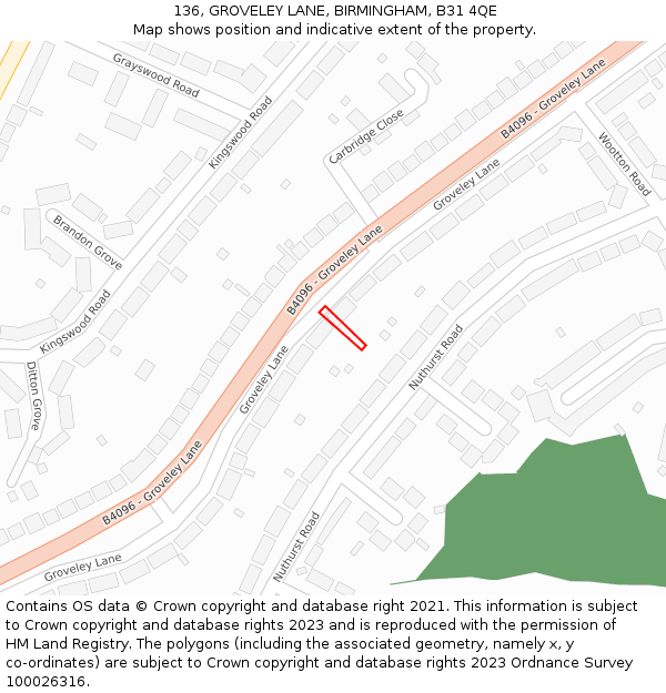 136, GROVELEY LANE, BIRMINGHAM, B31 4QE: Location map and indicative extent of plot