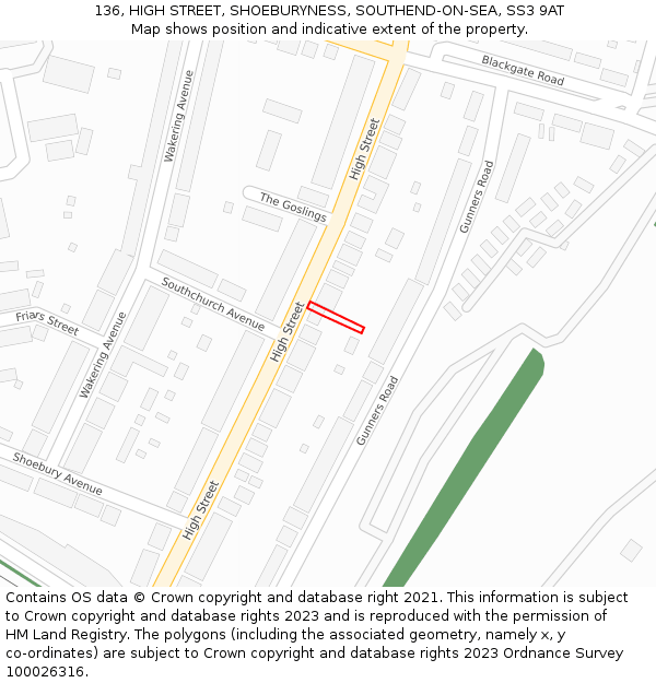 136, HIGH STREET, SHOEBURYNESS, SOUTHEND-ON-SEA, SS3 9AT: Location map and indicative extent of plot