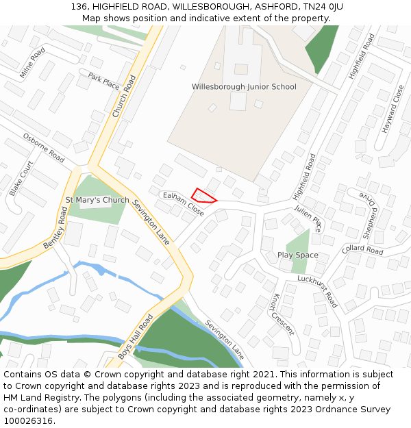 136, HIGHFIELD ROAD, WILLESBOROUGH, ASHFORD, TN24 0JU: Location map and indicative extent of plot