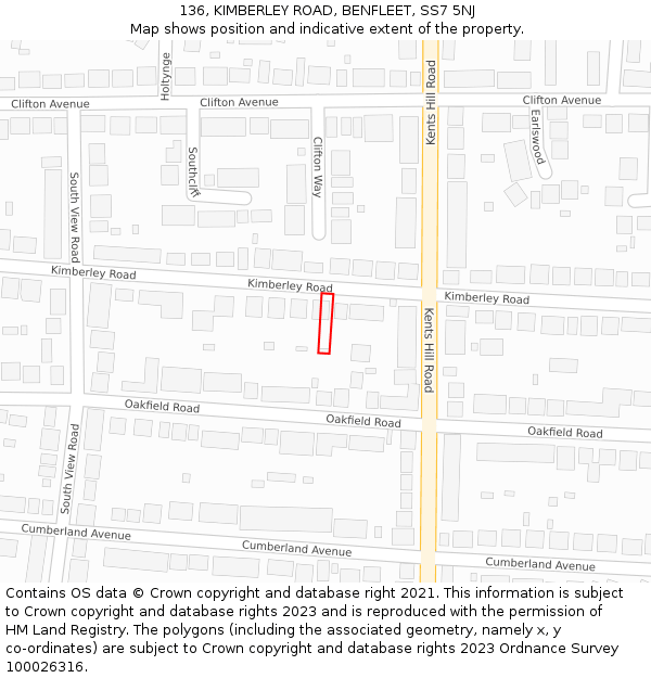 136, KIMBERLEY ROAD, BENFLEET, SS7 5NJ: Location map and indicative extent of plot