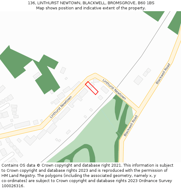 136, LINTHURST NEWTOWN, BLACKWELL, BROMSGROVE, B60 1BS: Location map and indicative extent of plot