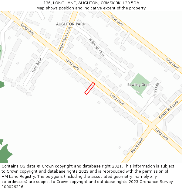 136, LONG LANE, AUGHTON, ORMSKIRK, L39 5DA: Location map and indicative extent of plot