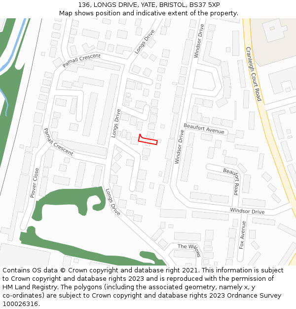 136, LONGS DRIVE, YATE, BRISTOL, BS37 5XP: Location map and indicative extent of plot