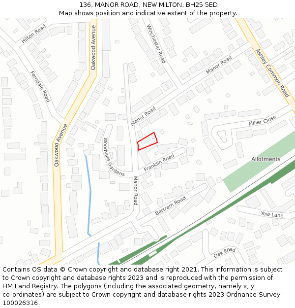 136, MANOR ROAD, NEW MILTON, BH25 5ED: Location map and indicative extent of plot