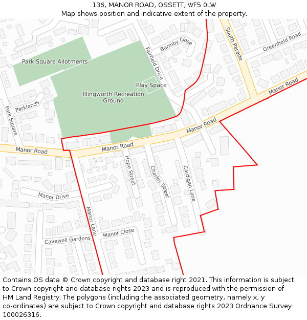 136, MANOR ROAD, OSSETT, WF5 0LW: Location map and indicative extent of plot