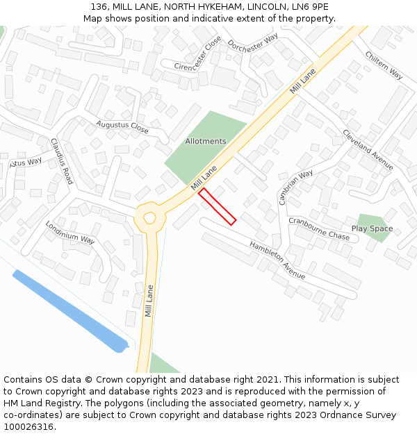 136, MILL LANE, NORTH HYKEHAM, LINCOLN, LN6 9PE: Location map and indicative extent of plot