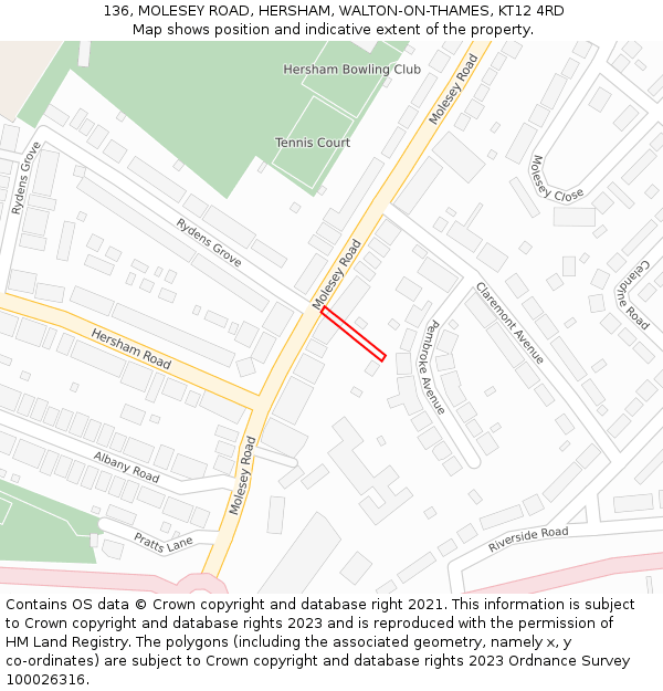 136, MOLESEY ROAD, HERSHAM, WALTON-ON-THAMES, KT12 4RD: Location map and indicative extent of plot