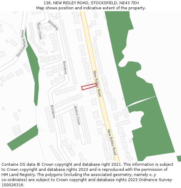 136, NEW RIDLEY ROAD, STOCKSFIELD, NE43 7EH: Location map and indicative extent of plot