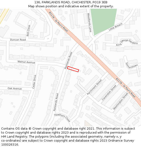 136, PARKLANDS ROAD, CHICHESTER, PO19 3EB: Location map and indicative extent of plot