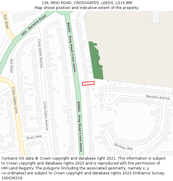 136, RING ROAD, CROSSGATES, LEEDS, LS15 8RF: Location map and indicative extent of plot