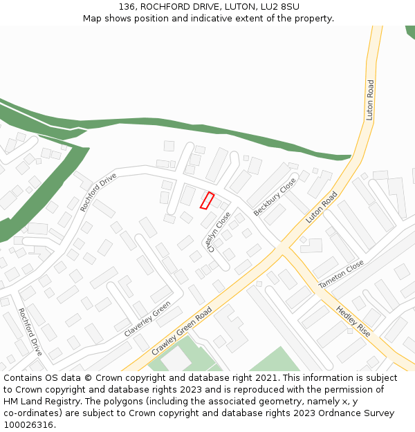 136, ROCHFORD DRIVE, LUTON, LU2 8SU: Location map and indicative extent of plot