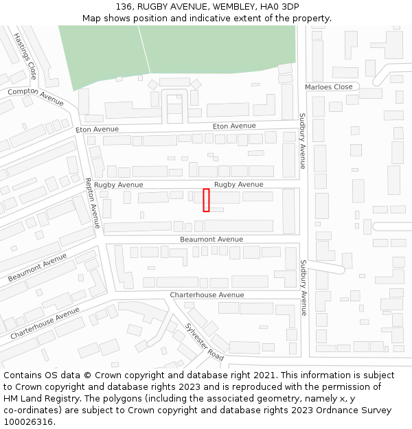 136, RUGBY AVENUE, WEMBLEY, HA0 3DP: Location map and indicative extent of plot