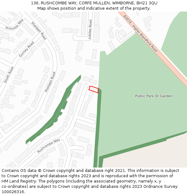 136, RUSHCOMBE WAY, CORFE MULLEN, WIMBORNE, BH21 3QU: Location map and indicative extent of plot