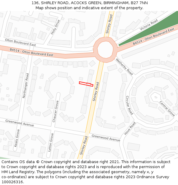 136, SHIRLEY ROAD, ACOCKS GREEN, BIRMINGHAM, B27 7NN: Location map and indicative extent of plot