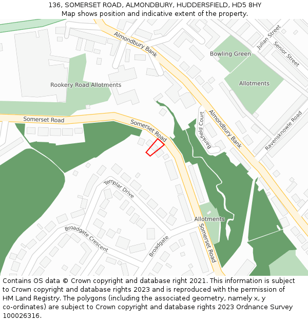 136, SOMERSET ROAD, ALMONDBURY, HUDDERSFIELD, HD5 8HY: Location map and indicative extent of plot