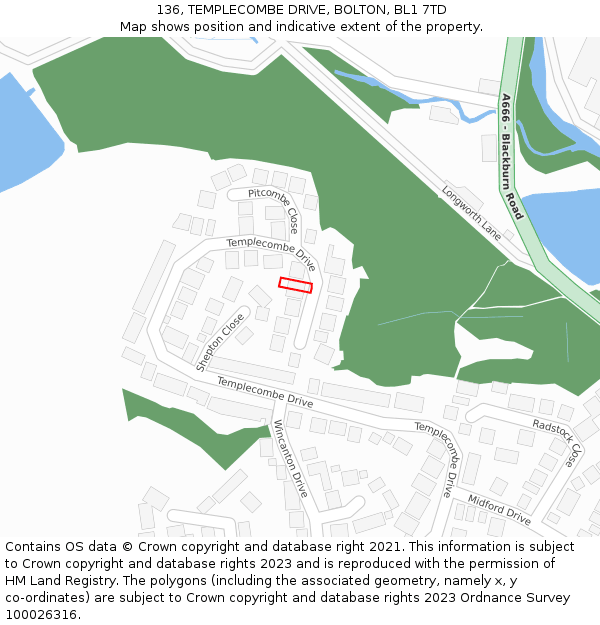 136, TEMPLECOMBE DRIVE, BOLTON, BL1 7TD: Location map and indicative extent of plot