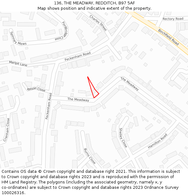 136, THE MEADWAY, REDDITCH, B97 5AF: Location map and indicative extent of plot