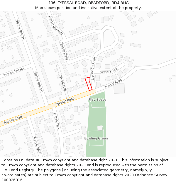 136, TYERSAL ROAD, BRADFORD, BD4 8HG: Location map and indicative extent of plot
