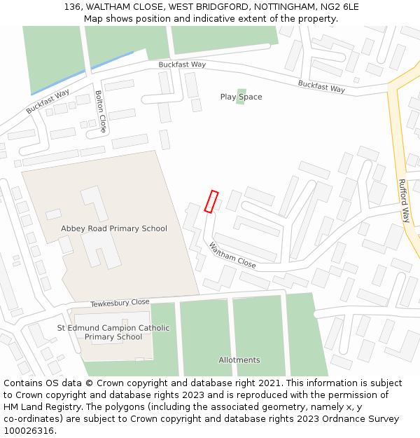 136, WALTHAM CLOSE, WEST BRIDGFORD, NOTTINGHAM, NG2 6LE: Location map and indicative extent of plot