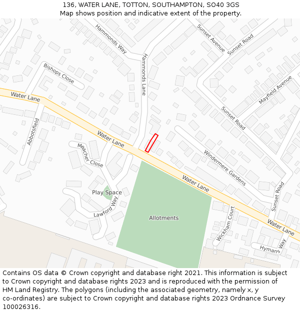 136, WATER LANE, TOTTON, SOUTHAMPTON, SO40 3GS: Location map and indicative extent of plot