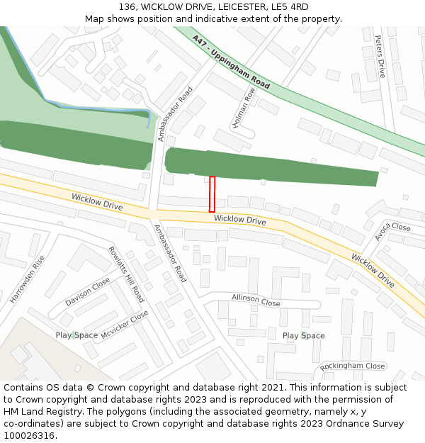 136, WICKLOW DRIVE, LEICESTER, LE5 4RD: Location map and indicative extent of plot