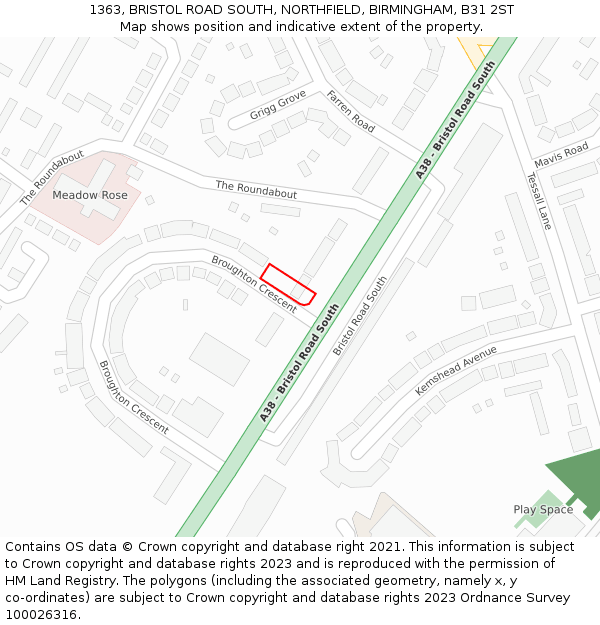 1363, BRISTOL ROAD SOUTH, NORTHFIELD, BIRMINGHAM, B31 2ST: Location map and indicative extent of plot