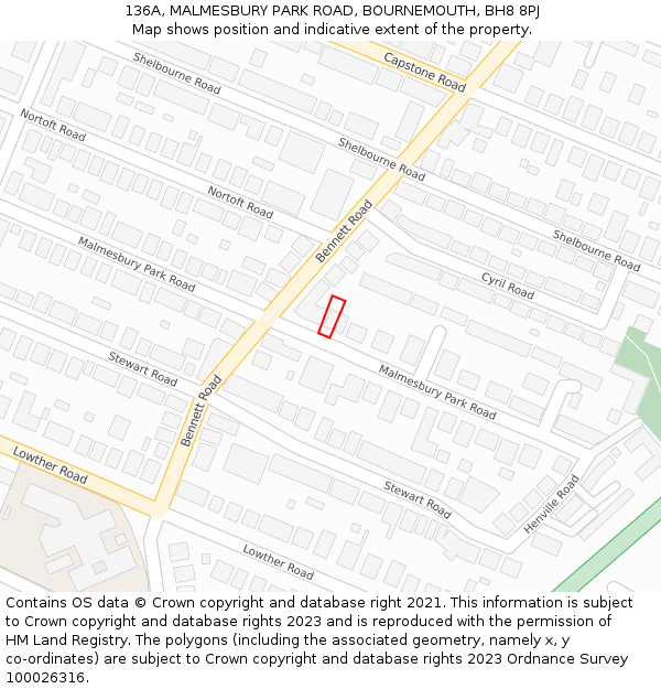 136A, MALMESBURY PARK ROAD, BOURNEMOUTH, BH8 8PJ: Location map and indicative extent of plot