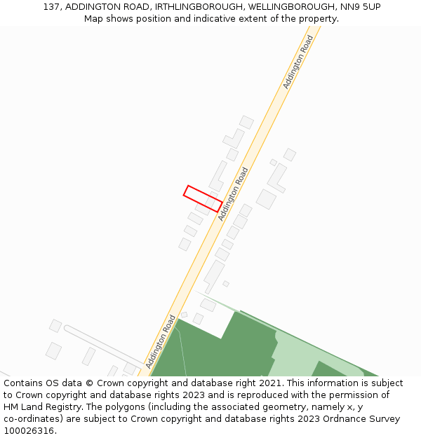 137, ADDINGTON ROAD, IRTHLINGBOROUGH, WELLINGBOROUGH, NN9 5UP: Location map and indicative extent of plot